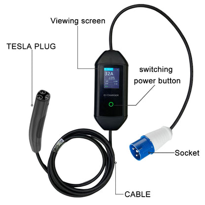 Chargerman Tesla/NACS/TPC Portable EV Charger With 32A European Standard Industrial or 16A EU Socket